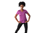Woman in a purple short-sleeved sports t-shirt and black leggings.