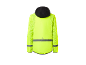 Neon yellow cycling jacket with black hood and reflective details.