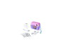 Pink and purple instant print camera with paper, charging cable, and printed photos.