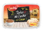 Dulce de leche ice cream packaging with a bowl of sauce and scoops on wood.