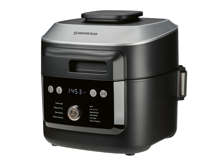 Black and silver multicooker with a digital display showing 14:53 min and various cooking functions.