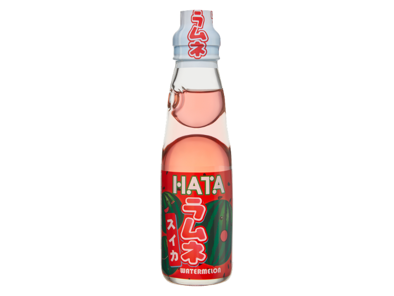 Japanese watermelon-flavored soft drink, with a red label and cartoon watermelons.