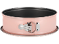 Pink springform cake tin with a non-stick coating and a metal clasp.