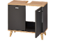 Grey and light wood vanity unit with two doors and angled legs.