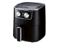 Black air fryer with silver accents, two control dials, and a digital display.