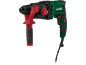 Green and red rotary hammer drill with side handle and power cable.