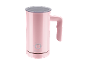 Pink electric milk frother with a transparent lid and a power button