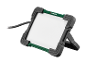 LED work light with a green frame and a black stand.