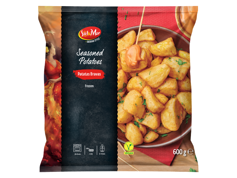 Frozen seasoned potatoes (Patatas Bravas) in packaging with a Spanish dancer and cooking instructions.