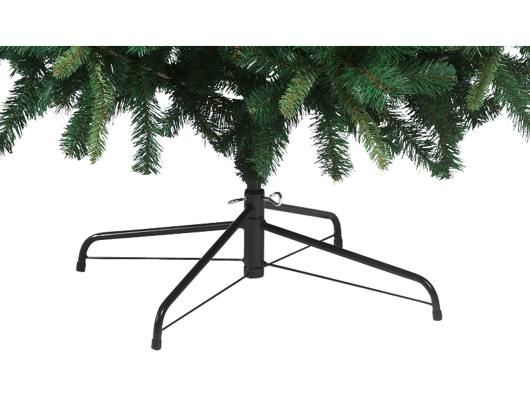 Black support stand for a green artificial Christmas tree.