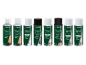 Eight 2-in-1 lacquer and primer spray cans, including clear, white, black, and radiator paint, in glossy and satin finishes.