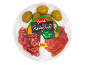 Assorted tapas platter with fuet, serrano ham, and olives, 80 g.