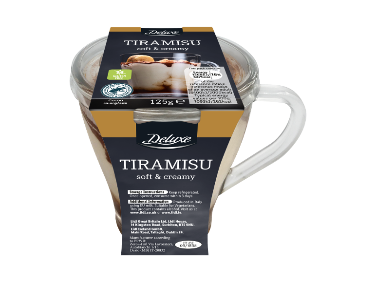 Tiramisu dessert in a glass cup with a 'soft & creamy' label and 125g weight.
