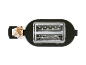 Overhead view of a two-slice toaster with the crumb tray pulled out, full of crumbs.