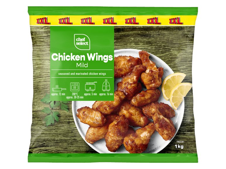 XXL chicken wings package with cooking instructions and lemon.