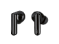 Two black wireless in-ear headphones on a black background.