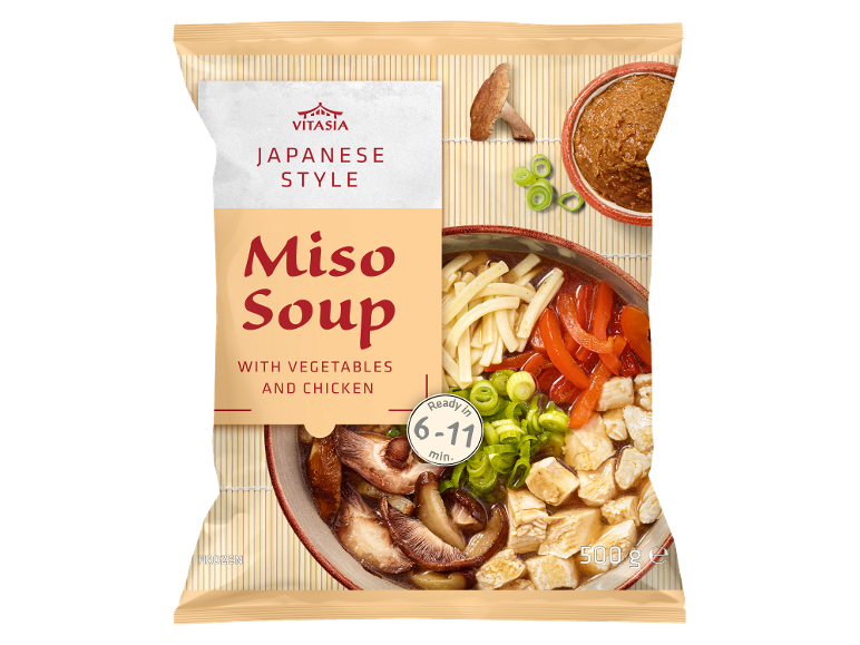 Japanese style miso soup with vegetables and chicken, frozen, ready in 6-11 minutes.