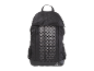 Black backpack with white dot pattern and logo at the bottom.
