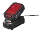 A black and red power tool battery charging on a black charger with a cable.