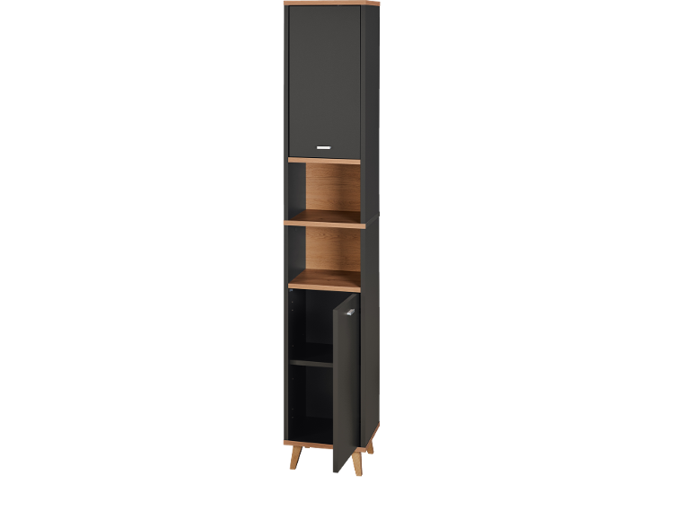 Anthracite tall cabinet with light wood open shelves and wooden legs.