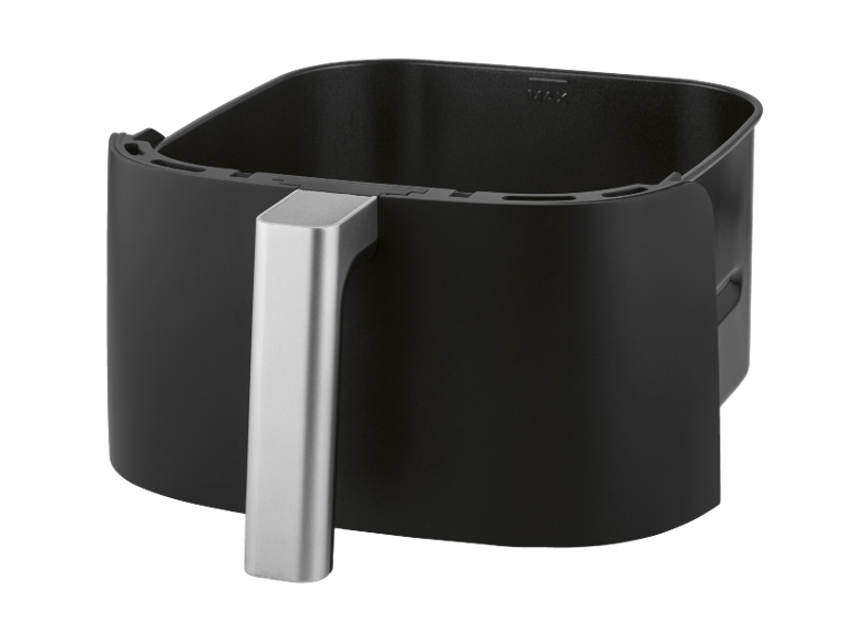 Black air fryer basket with silver handle and max level indication.