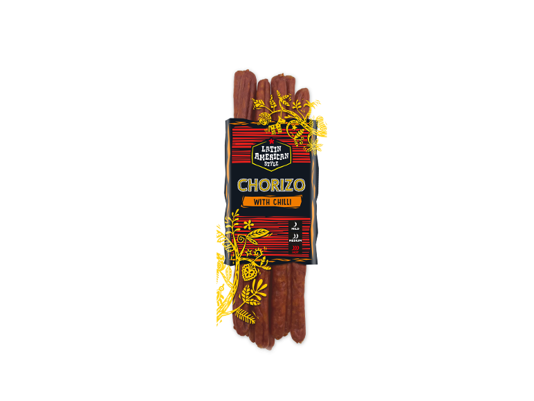 Latin American style chorizo with chilli sausages, packaged