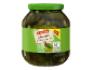Jar of gherkins and silverskin onions, with a green label and nutritional information.