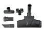 Grey vacuum cleaner accessories including a floor nozzle, brushes, and a crevice tool.