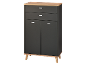 Black chest of drawers with two drawers and two doors, with light wooden top and legs.