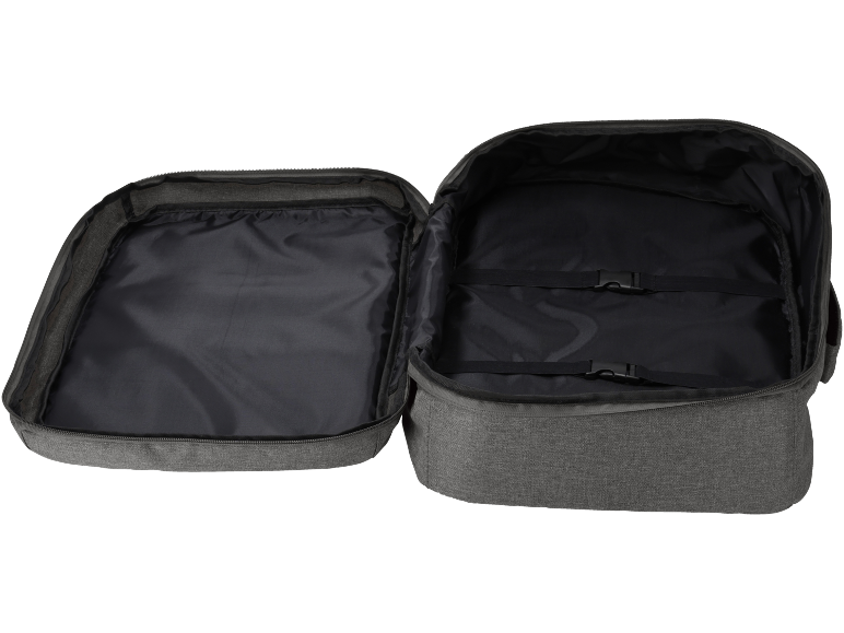 Interior of an open travel backpack with compartments and fastening straps