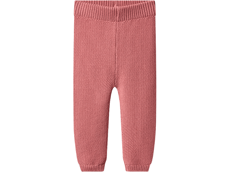 Pink knitted baby trousers with ribbed waist and cuffs.