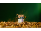 Packaged and loose cashew nuts on a dark green background, with some nuts floating in the air.