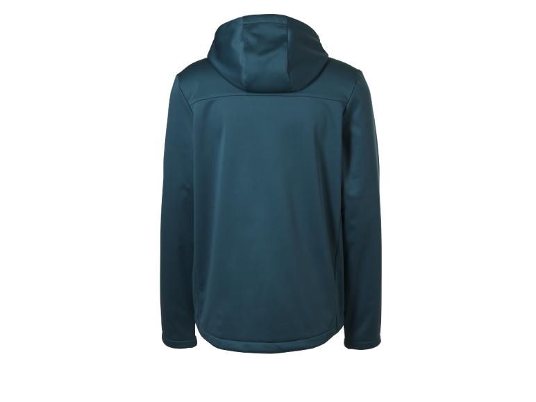 Men's dark blue hooded jacket, back view.