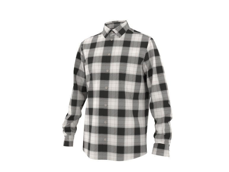 Men's black and white plaid long-sleeved shirt.