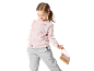 Kids' pink and grey tracksuit with ballerina print and hair clips.