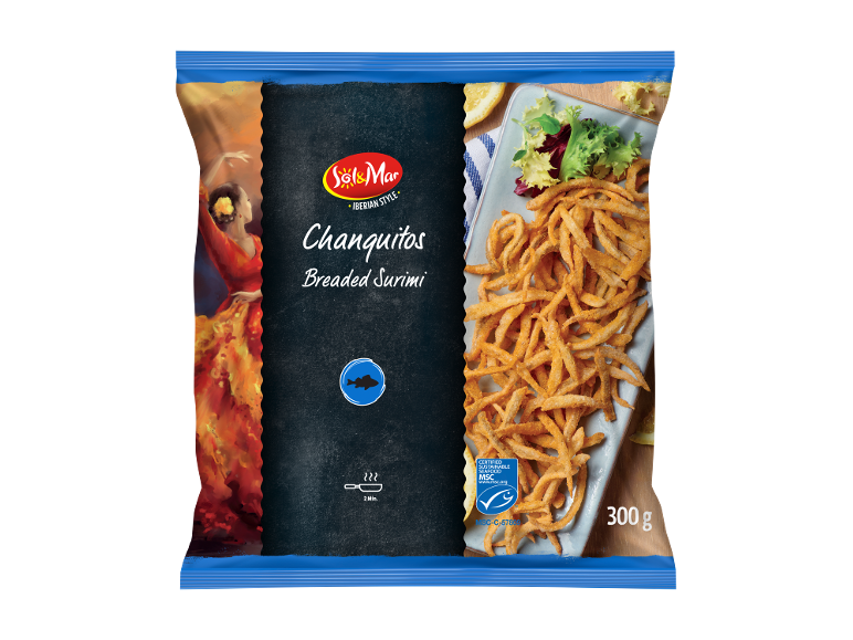 Frozen breaded surimi chanquitos with a flamenco dancer and cooking instructions.