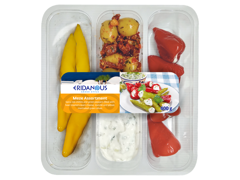 Greek meze assortment with stuffed peppers, marinated olives, and tzatziki, 400 g.