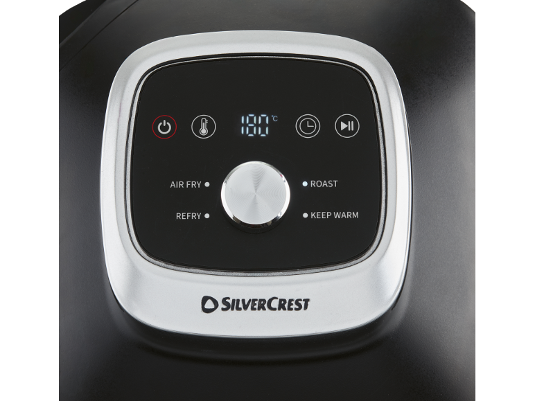 Digital control panel of an air fryer with cooking options and temperature display.