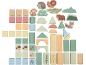 Wooden blocks and figures with animal and nature motifs in pastel colors.