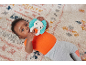 Baby lying on a patterned rug, holding a lion-shaped teether.