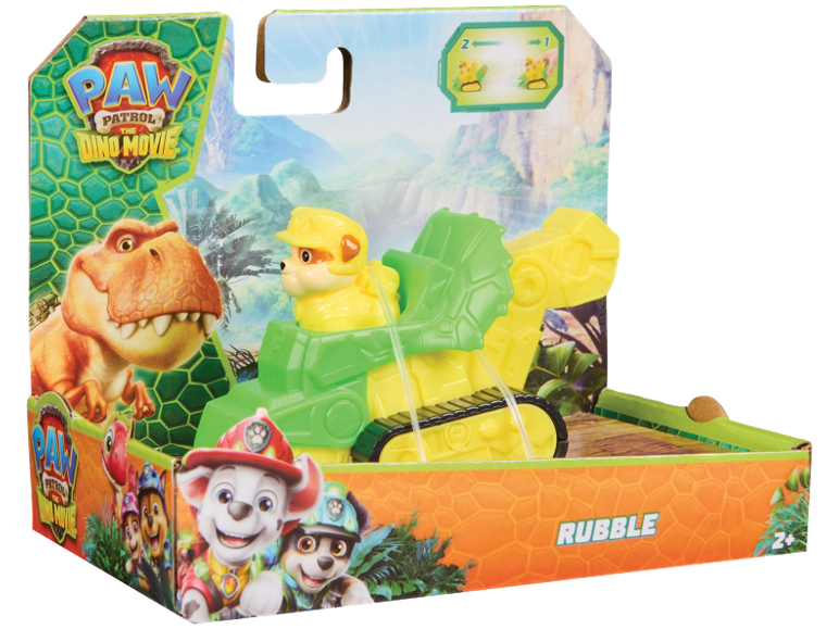 Paw Patrol toy featuring Rubble in a construction vehicle and a dinosaur, movie themed.