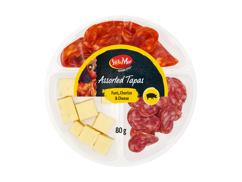 Assorted tapas with fuet, chorizo, and cheese, 80 g.