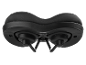 Black, ergonomically designed bicycle saddle viewed from below, with springs and padding.