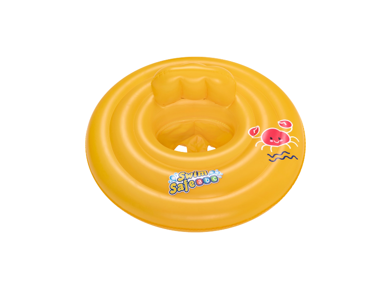 Yellow inflatable baby swim ring with seat and crab print.