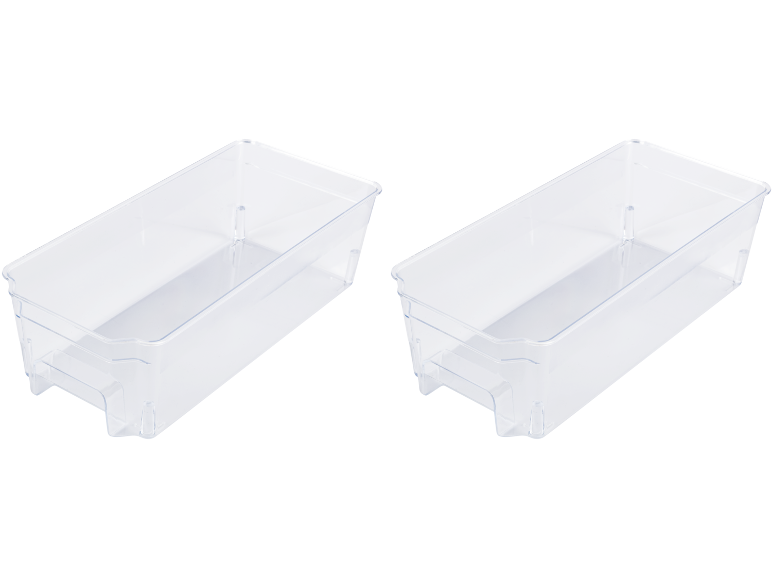 Two clear plastic storage bins with handles, ideal for organizing.
