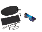 Sports sunglasses with blue lenses, a hard case, a fabric pouch, and a lanyard.