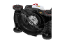 Underside view of a lawnmower with blade and wheels.