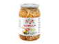 Vegetable salad with white cabbage in a glass jar, with a folk pattern on the label.