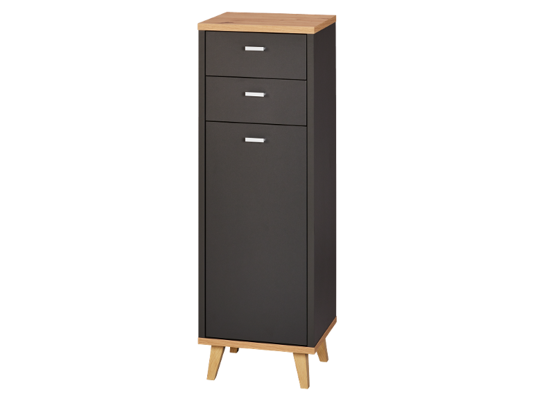 Narrow chest of drawers with two drawers and one door, oak and anthracite finish.