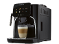 Black automatic coffee machine with a touchscreen display and a glass of latte coffee.